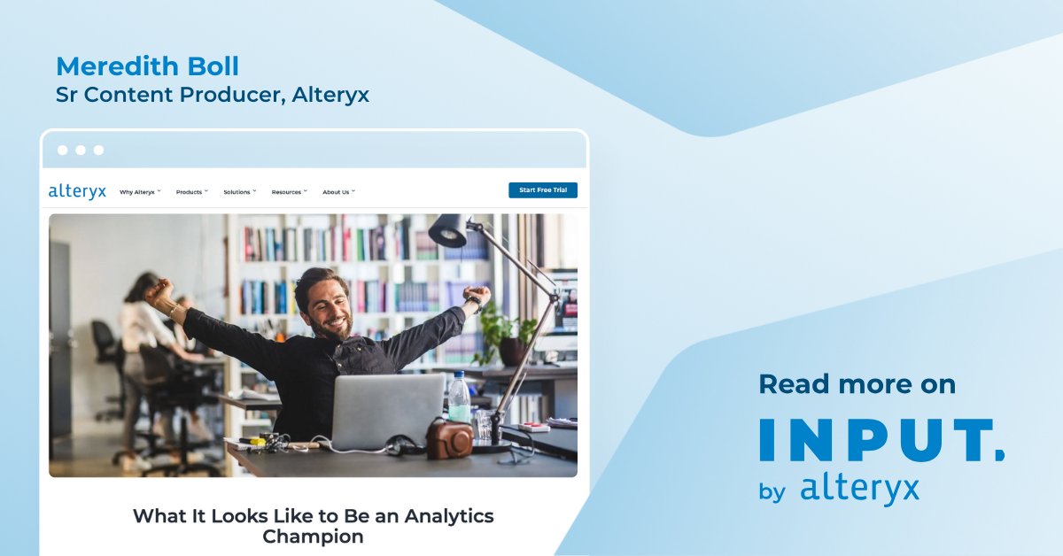 alteryx's tweet photo. What does an Analytics Champion look like? See five examples of analytics champions in action and learn their secrets of how to lead an analytics movement. Read on: https://t.co/nH05rrtsBT

#AnalyticsChampion #AnalyticsForAll https://t.co/xTnEPAW0j8
