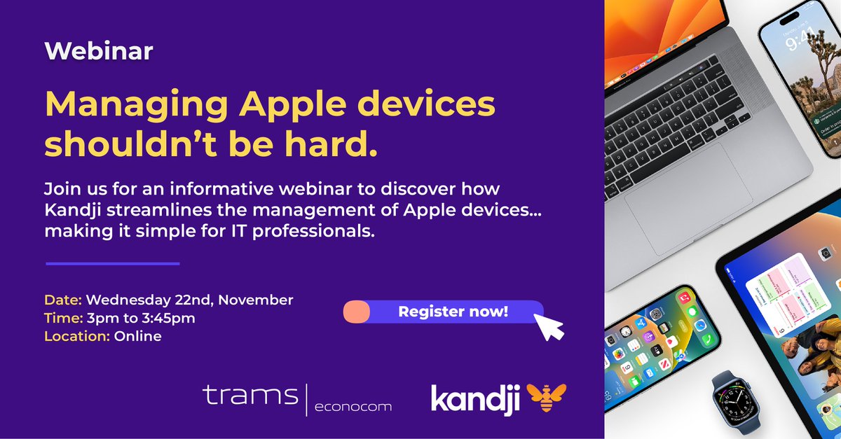 Trams | Econocom (@tramsltd) on Twitter photo Webinar: Automating Apple Device Management with <a href="/KandjiMDM/">Kandji</a> 
Join us for an informative webinar to discover how Kandji streamlines the management of Apple devices... making it simple for IT professionals and empowering end-users.
Register here - trams.co.uk/marketing/kand… Webinar: Automating Apple Device Management with <a href="/KandjiMDM/">Kandji</a> 
Join us for an informative webinar to discover how Kandji streamlines the management of Apple devices... making it simple for IT professionals and empowering end-users.
Register here - trams.co.uk/marketing/kand…