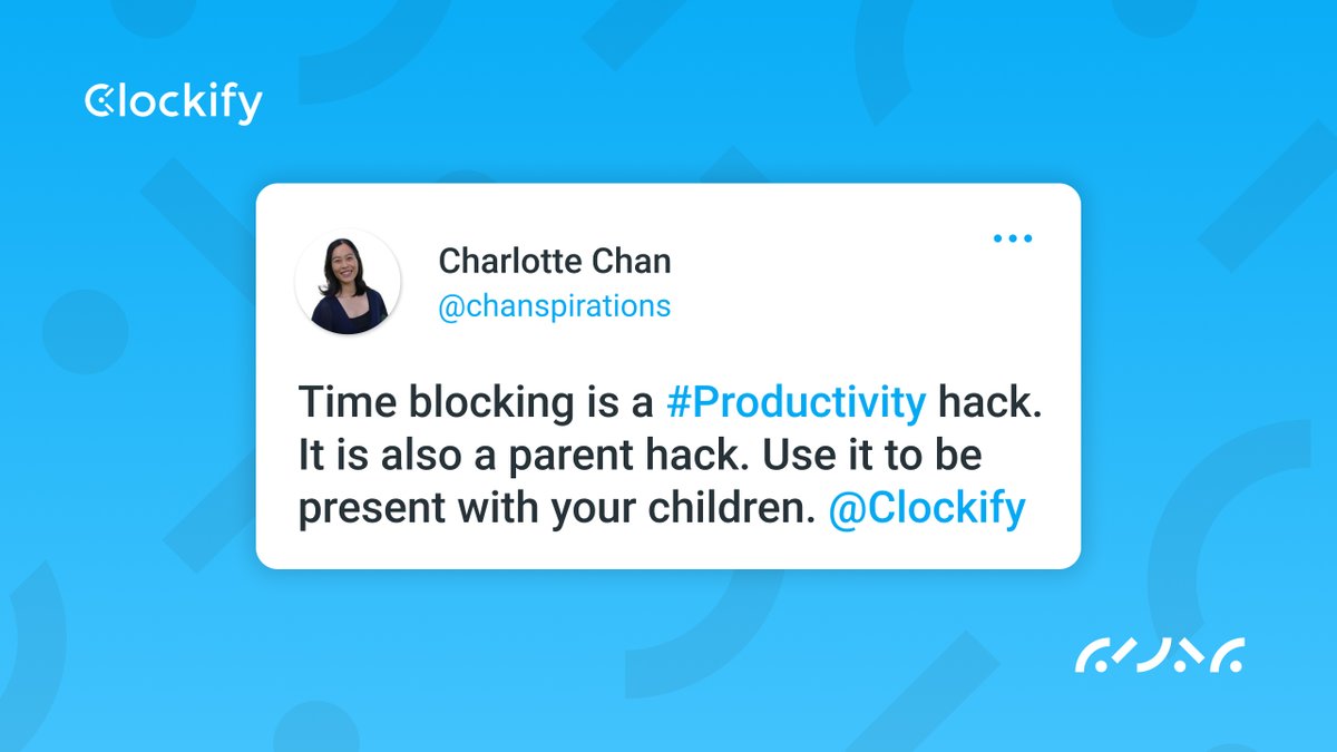 Clockify's tweet photo. Charlotte just learned about another aspect of #Clockify that parents could benefit from 💫 When you find the right work/life balance, you get more done and stop missing out on family stuff 💞
Apart from work, what do you use #timeblocking for?
Tell us in the comments! https://t.co/ngmzfZXO5b