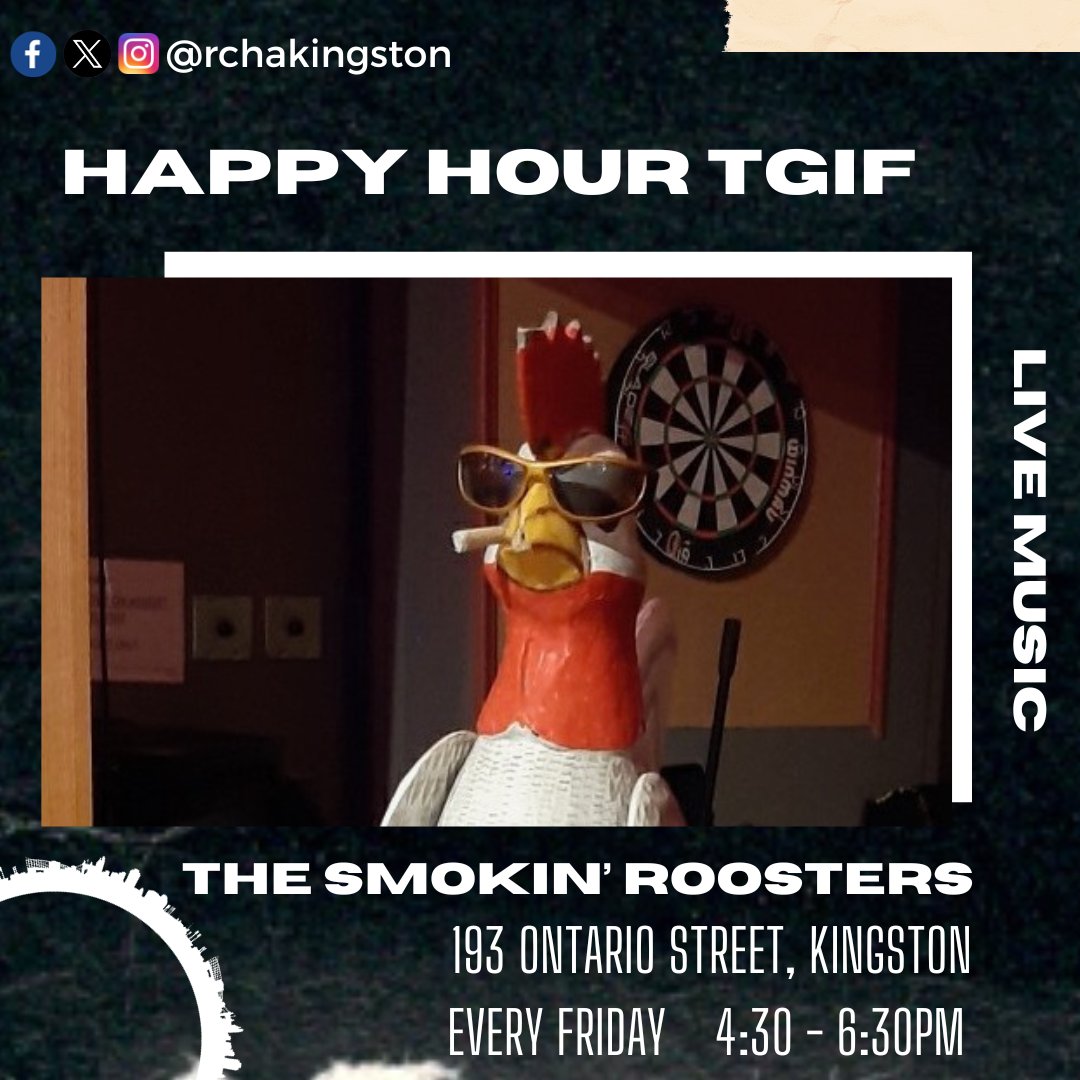RCHAKingston's tweet photo. Get your weekend started with us at a new time! Smokin' Roosters will entertain us with some great tunes from the 70's onward! Drink specials are available plus be sure to ask us about our featured special! #ygk #livemusic #ygkmusic #rchaygk https://t.co/bahcO5XinN