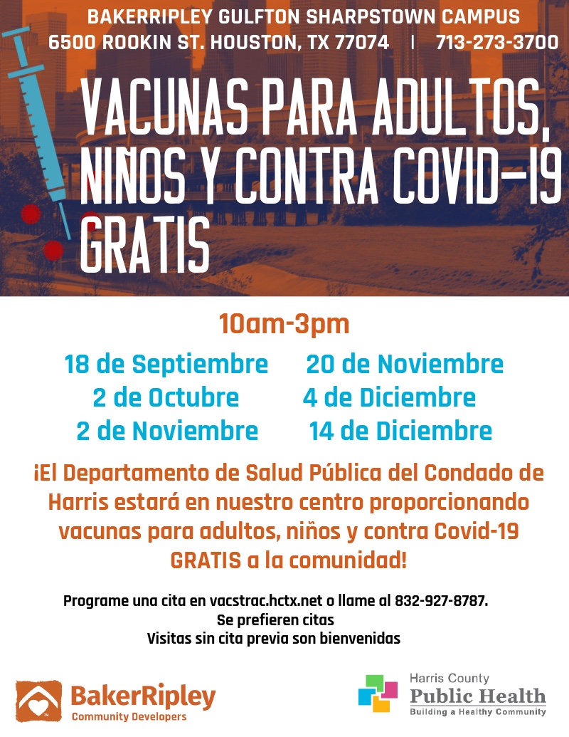 Three vaccination dates coming up at <a href="/BakerRipley/">BakerRipley</a> Gulfton Sharpstown Campus. Don't miss out.