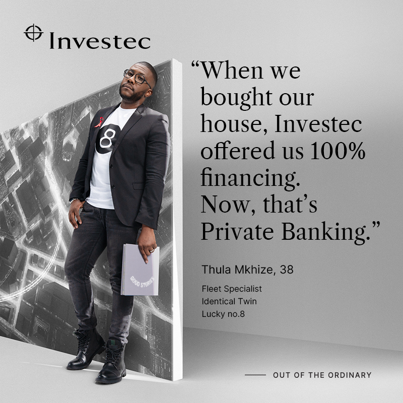 Investec's tweet photo. Investec Private Banking clients enjoy personalised service and up to 100% home loans. If you earn R800 000 a year with a relevant qualification in your field, why not upgrade to Investec Private Banking?