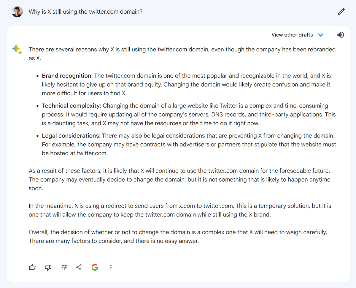 Very insightful by Google's Bard. One of the three reasons mentioned will be at least why X still uses the x.com domain.