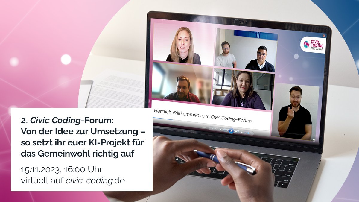 Die Idee für ein gemeinwohlorientiertes #KI-Projekt steht – was sind die nächsten Schritte? Darüber tauschen wir uns in unserem 2. #CivicCoding-Forum „Von der Idee zur Umsetzung“ aus. Seid am 15.11. um 16 Uhr live auf dem Civic Coding-Webportal dabei!  brnw.ch/21wEoHv