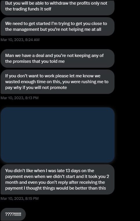 zachxbt's tweet image. The influencer @profit8lue was SIM swapped and a scammer gained access to his X/Twitter account a few days ago.

The scammer leaked his DMs showing ProfitBlue has been scamming his followers. 

In these screenshots ProfitBlue received an up front payment of $11K for a partnership…