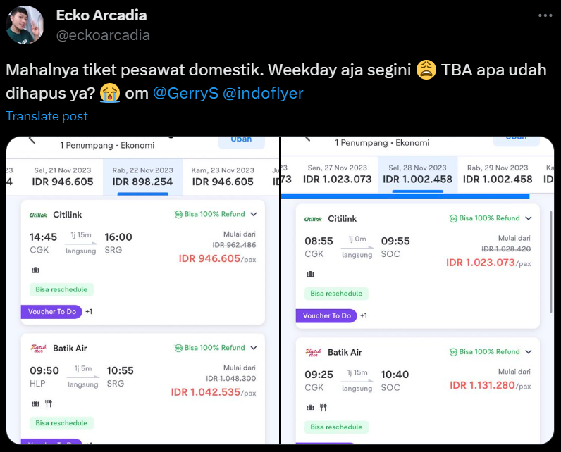 GerryS's tweet photo. Kenapa tiket mahal? A simple explanation.
Pertanyaan ini berasal dari post @eckoarcadia untuk saya dan @indoflyer  namun saya tanggapi di post sendiri karena menurut saya biar lebih bermanfaat untuk lebih banyak orang.

OK, here we go:

1. Demand Indonesia itu correlated dengan GDP untuk medium to long term. Demand for flying is a function of Price and GDP. Faktor2 yang masuk banyak tapi yang dominan ini.

2. GDP Indonesia 2019 dan estimated GDP 2023 gimana? Kita lihat nominal GDP aja biar gampang.
Untuk 2019, ada 1.119 Trilyun Dollar AS. Sedangkan estimate untuk 2023 sekarang berada di 1.42 Trilyun Dollar AS.
OK, ((1.42/1.119)-1)*100%) = 26.9%

Disini kita simpulkan secara sangat sederhana, bahwa demand naik sekitar 26.9%.

3. Harga ada pada intersection point antara Demand curve dan Supply curve. Nah supplynya kemana? 

Berikut dari artikel khusus untuk subscribers X saya mengenai ini:
Kita lihat sekarang jumlah pesawat berada pada angka yang menyedihkan dimana armada maskapai penumpang berjadwal turun dari 600-650 di 2019 ke 389 (dimana yang aktif hanya 355) saat ini, alias ada penurunan supply (khususnya static supply) sekitar 45%.

4. Basic economic theory sih... demand naik 26.9% dan kapasitas turun 45%, theorized net shortagenya, 72%. Shortage 72% ini ya larinya ke harga yang harus dinaikkan.

5. TBA belum naik kok, tapi ya demand naik dan kapasitas masih menyedihkan mau gimana?

Jadi gimana supaya harga tiket bisa turun?
Satu2-satunya cara adalah menambah kapasitas. Armada maskapai kita harus naik tidak hanya untuk kembali ke angka 600-650 pesawat, tapi malah harus ke 900-an pesawat, dan ini gak mudah, butuh waktu, dan uang... sayangnya lagi, uang lagi susah apalagi buat investasi besar-besaran ke penambahan armada (naiknya biaya pemeliharaan armada aja lagi bikin mumet karena krisis supply chain)

Semoga post ini bermanfaat bagi kita semua. 🙏

Post ini menggunakan sebagian info dari post/artikel berbayar mengenai topik serupa, dan dapat diakses di:
1. https://t.co/hOtgu3P18P , atau
2. https://t.co/A1LnSXIQuK