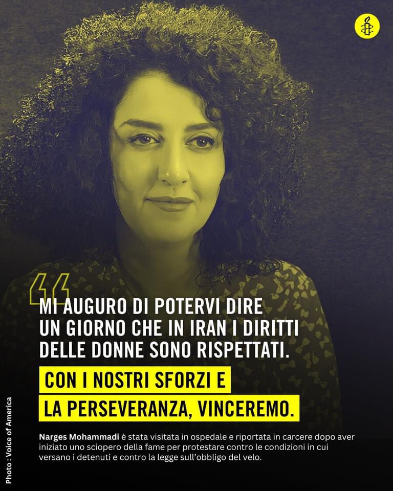 #NargesMohammadi si augura di poter vedere un #Iran libero, uno stato dove i diritti delle donne vengono rispettati, dove indossare il velo è una scelta, non un obbligo e chi sconta una pena non si trova davanti alla perdita della propria dignità. 
#FreeNargesMohammadi