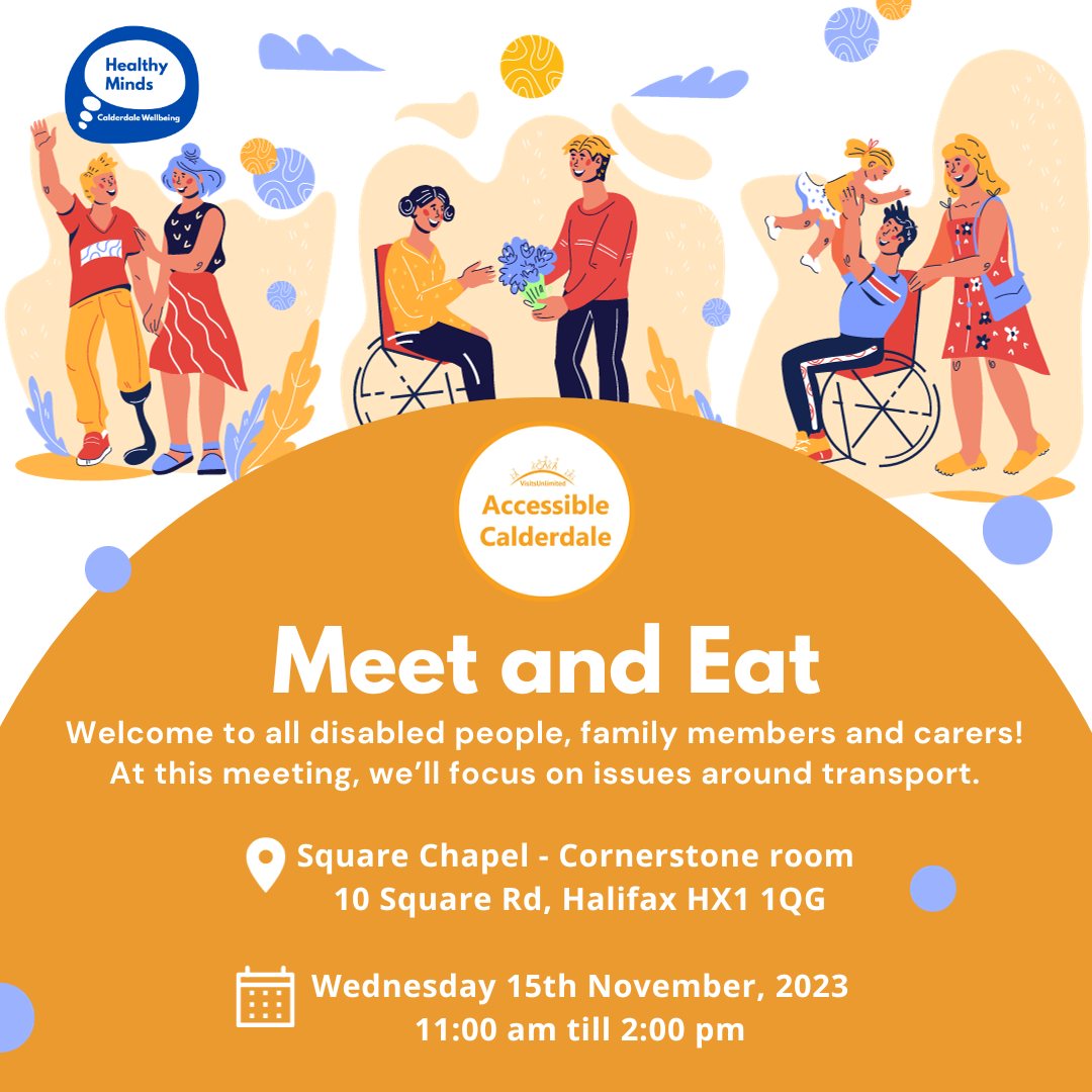 Accessible Calderdale is holding a FREE Meet and Eat event for disabled people, family members and their carers. 📅 Weds 15 Nov, 11am-2pm @squarechapel, Halifax Contact Lorraine to book: lorraine.accessiblecalderdale@gmail.com or 07596 707795 @visitsunlimited