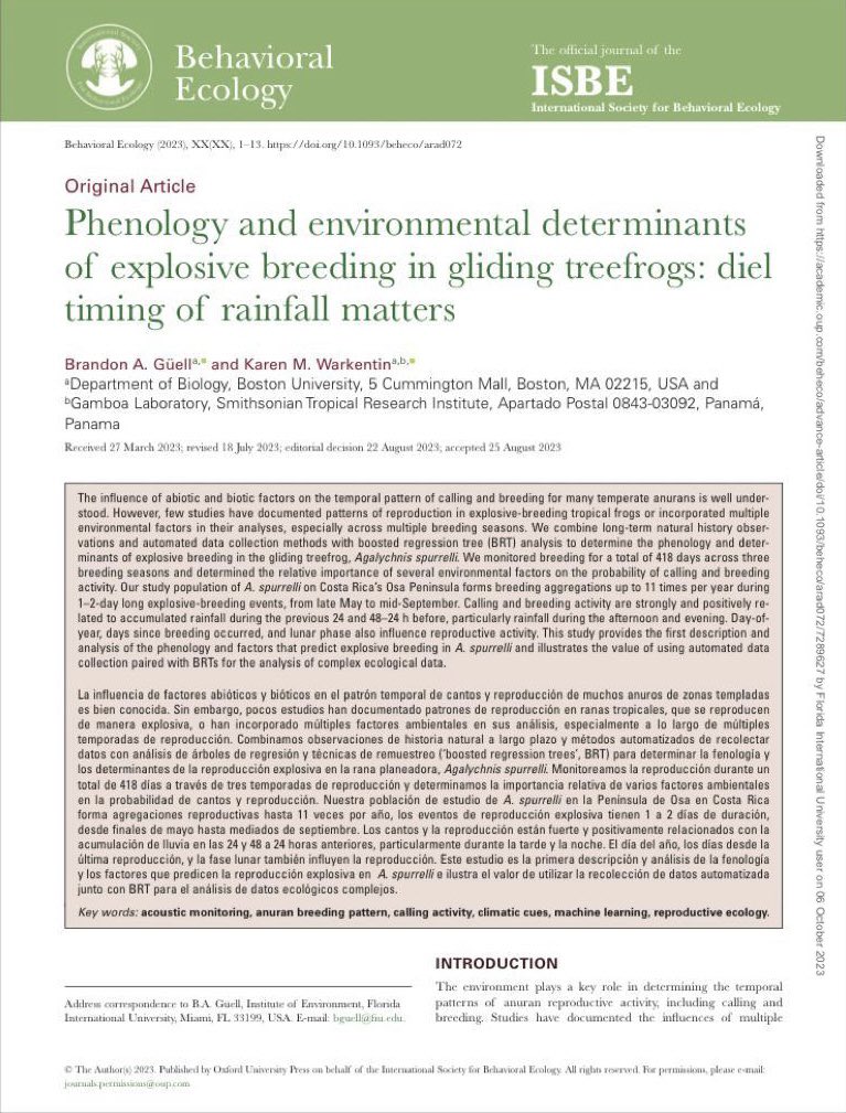 From #PlanetEarth3 to the cover of <a href="/BehavEcol/">Behavioral Ecology</a>! Stoked to share that my first Ph.D. dissertation chapter about explosive breeding in gliding treefrogs is now published and my photo made the cover!

Check it out here: doi.org/10.1093/beheco…