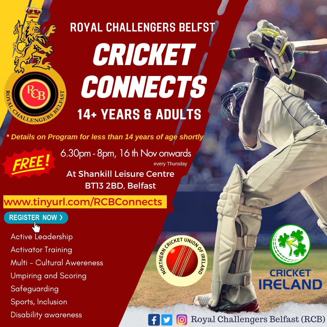 👑 𝐑𝐨𝐲𝐚𝐥 𝐂𝐡𝐚𝐥𝐥𝐞𝐧𝐠𝐞𝐫𝐬 𝐁𝐞𝐥𝐟𝐚𝐬𝐭, Northern Cricket Union  &amp; Cricket Ireland presenting 🏏 𝗖𝗿𝗶𝗰𝗸𝗲𝘁 𝗖𝗼𝗻𝗻𝗲𝗰𝘁𝘀 program starts this Thursday for 14+ years Age group. 

🪧 RSVP at tinyurl.com/RCBConnects

#royalchallengersbelfast