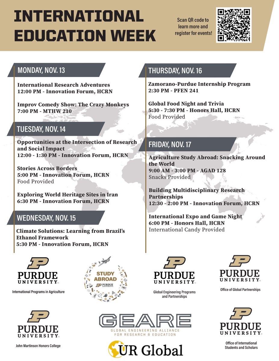 PurdueHonors's tweet image. 🌍📚 Explore the world without leaving campus! Join us for International Education Week at Purdue University. All students, faculty, and staff are welcome! 

Check out the exciting lineup for this week, and sign up here for the events you plan to attend:
purdue.ca1.qualtrics.com/jfe/form/SV_1B…