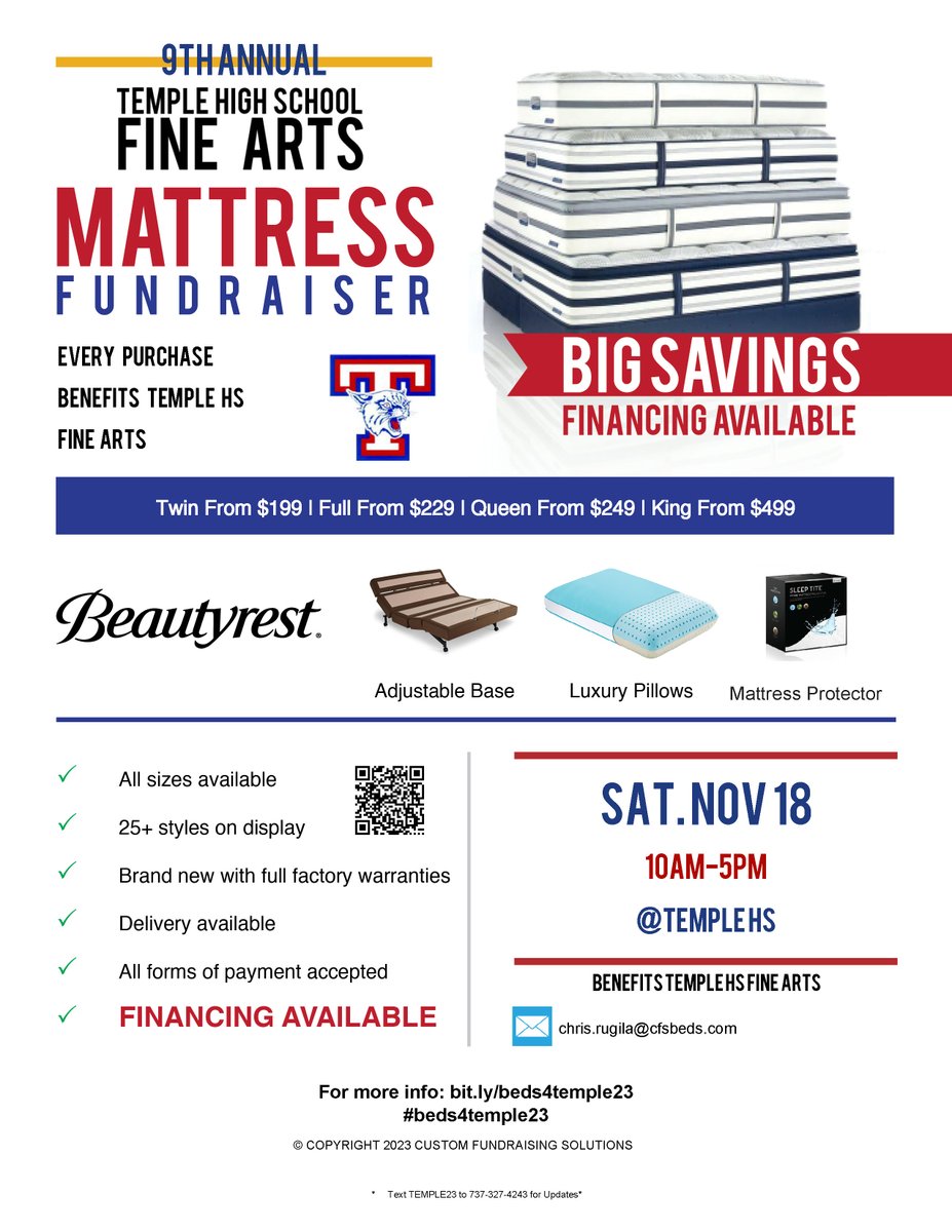 Join us &amp; <a href="/TempleisdArts/">TempleISD Fine Arts</a> for their 9th Annual #MattressFundraiser THIS Saturday, November 18th (10am-5pm) at <a href="/SchoolTemple/">Temple High School Wildcats</a>. Here R details to RT/share with friends! #beds4temple23 Please RT! <a href="/TempleISD/">Temple ISD</a>