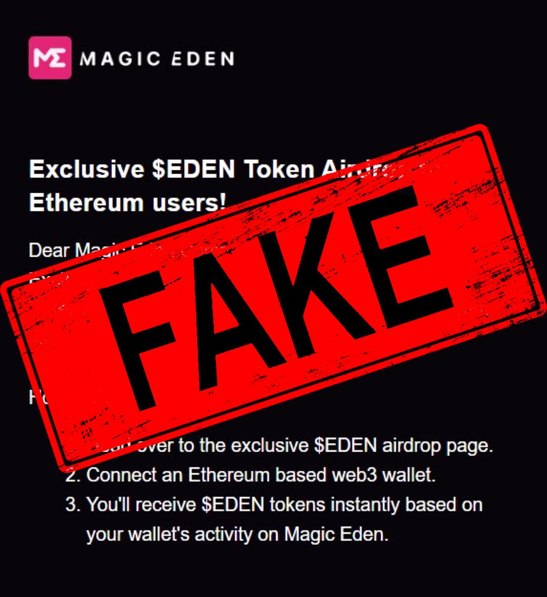 MagicEden's tweet photo. We’ve been made aware that there are phishing emails being sent to users coming from a copycat domain. This is NOT us. DO NOT interact with any of these emails or links! https://t.co/Uj6CkHNrsD