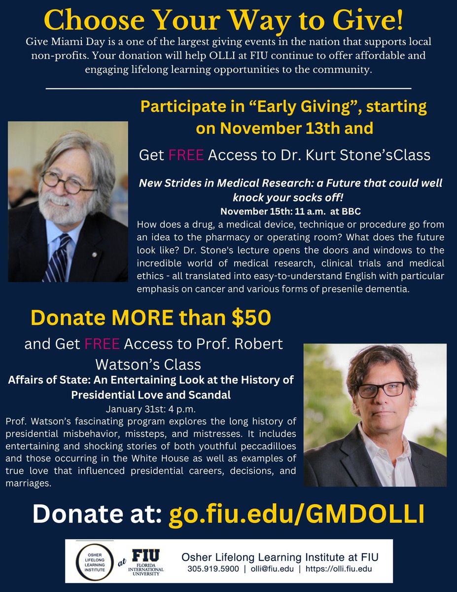 #GiveMiamiDay starts with early day giving on Monday, November 13. We’re counting on your to make an impact on OLLI at FIU’s initiatives! Visit our unique link to learn about how you can support our OLLI at FIU. Let’s make history together!

#givemiamiday #givemiamiday2023