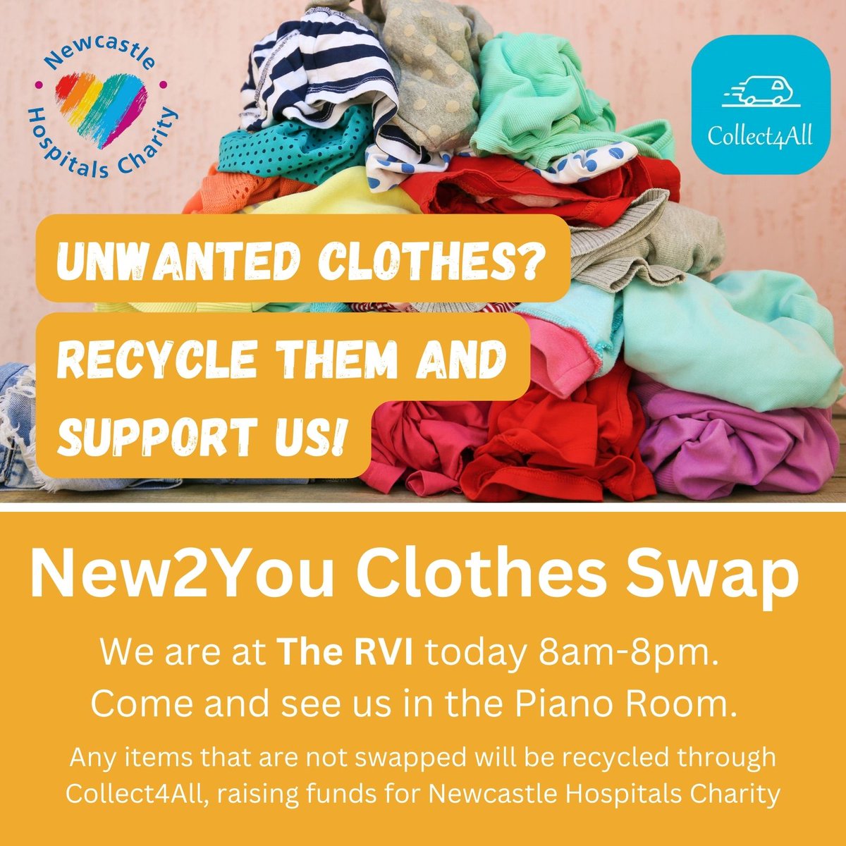 📢Calling @Newcastle_NHS staff - The New2You clothes swap is on today at The RVI, 8am-8pm. Pop along and swap your unwanted clothing and support Newcastle Hospitals Charity. See staff intranet for more details. @SustainableNUTH #SHINE