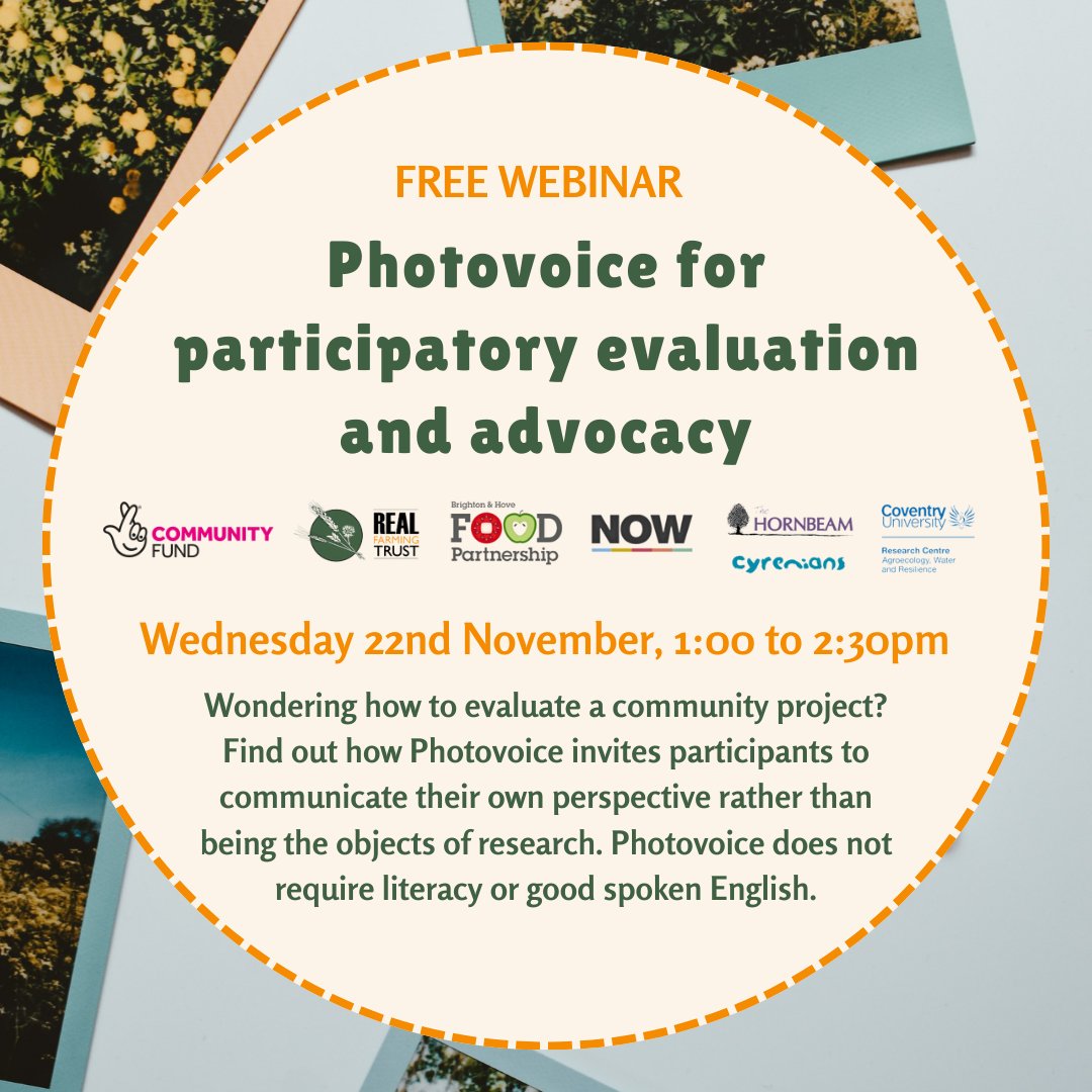 WEBINAR:
Photovoice for participatory evaluation and advocacy
🗓️Wed 22 Nov, 1:00-2:30pm 

Want to evaluate a community project? Photovoice invites people to communicate their perspective rather than being the objects of research. <a href="/CoventryCAWR/">CAWR Coventry</a> 

Register: realfarming.org/event/introduc…
