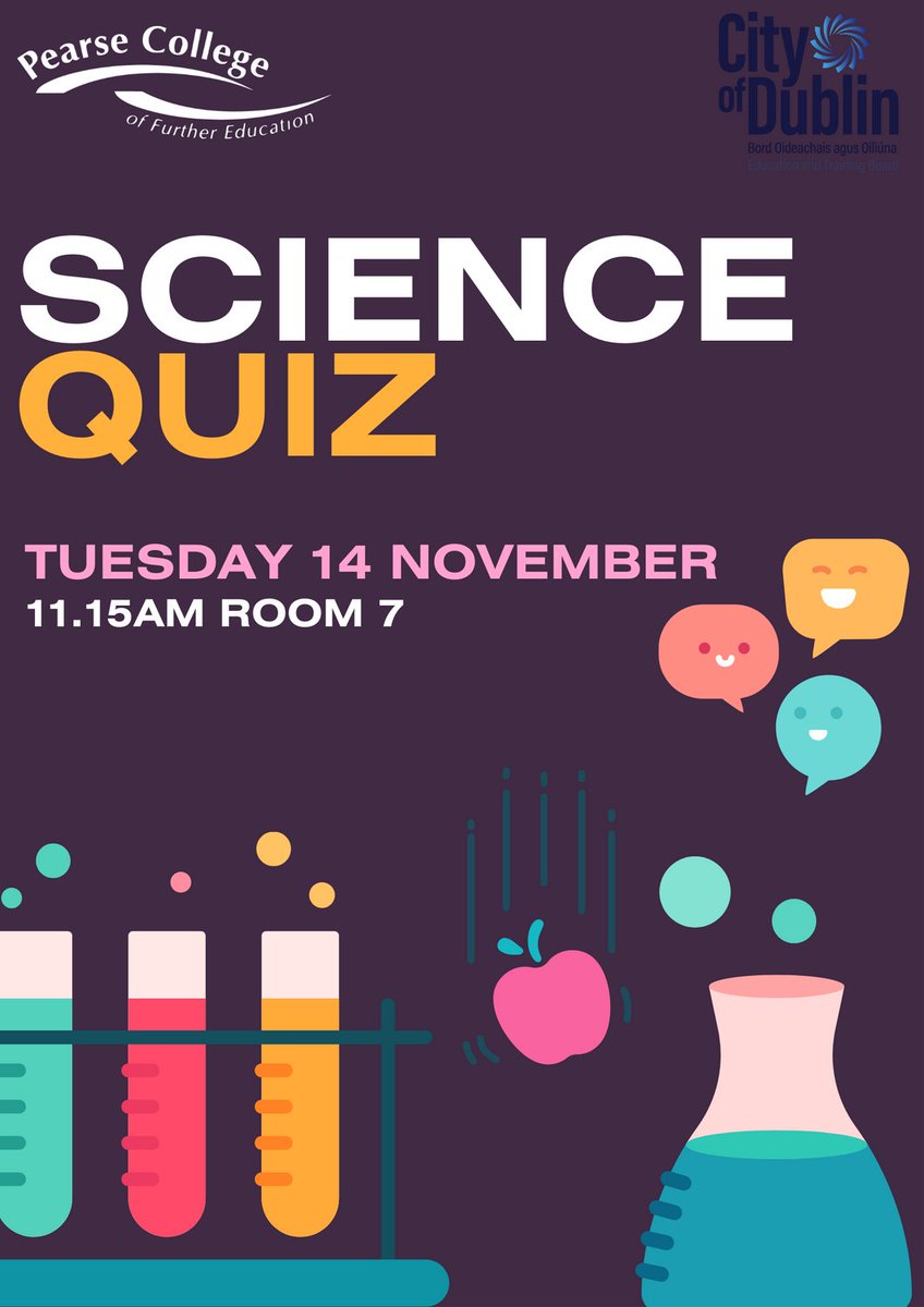 Attention #PearseCollege learners, to celebrate #ScienceWeek2023, we're holding a #Science table quiz, tomorrow (Tuesday) in Room 7 at 11.15am. All Welcome!

#LearnerVoice #CityOfDublinETB #ThisIsFET