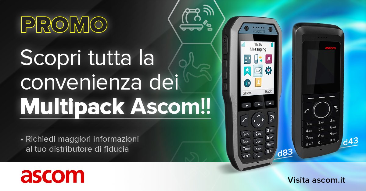 Ascom_UMS's tweet photo. 📷📷📷📷📷 ASCOM MOBILITY MULTIPACK CAMPAIGN
Approfitta della straordinaria Ascom Multipack Campaign - prevista fine a fine anno - dedicata a due delle nostre più importanti soluzioni in ambito mobilità:
Ascom #d83 e Ascom #d43

Chiedi maggiori info al tuo distributore di fiducia https://t.co/RKcKrANImz