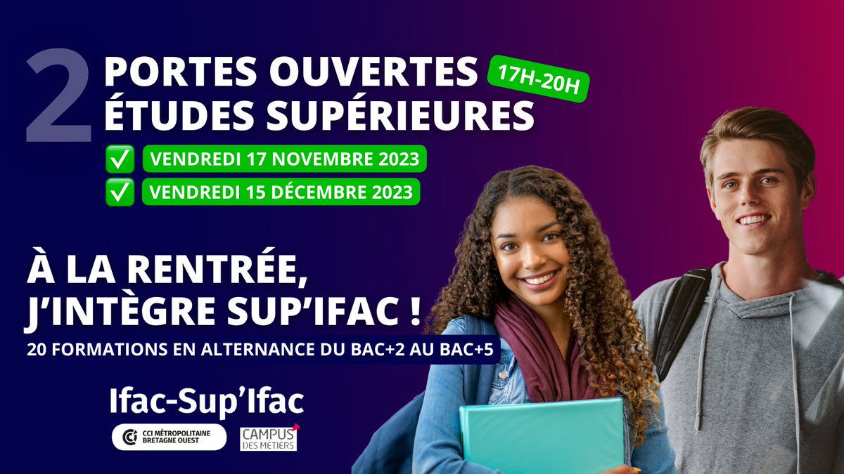 RDV ce vendredi de 17h à 20h pour une première #PortesOuvertes spéciales formations sup' au Campus des métiers à #Brest ! Commerce, vente, assistanat, gestion, paie, RH, auto, coiffure, esthétique, pharmacie, hôtellerie... Découvrez nos 20 formations supérieures du BAC+2 au Bac+5