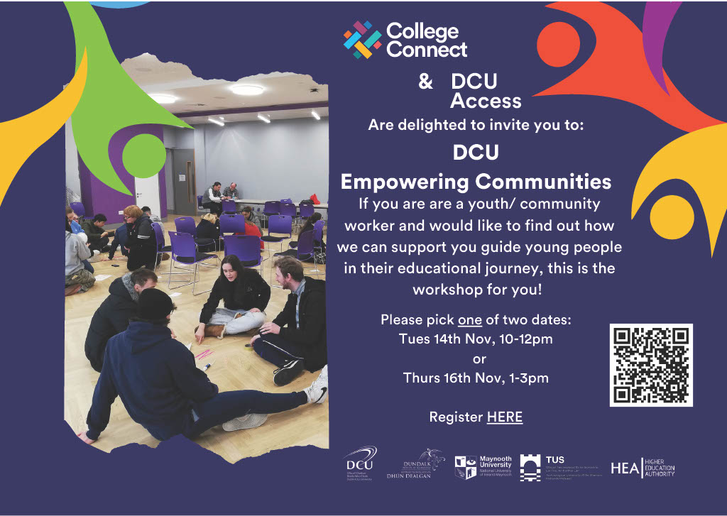 Places are still available on these workshops on 14th & 16th November! If you are a youth/ community worker & would like to find out how we can support you when guiding young people in their educational journey, this workshop is for you! To register: dcu.ie/access/dcu-emp…