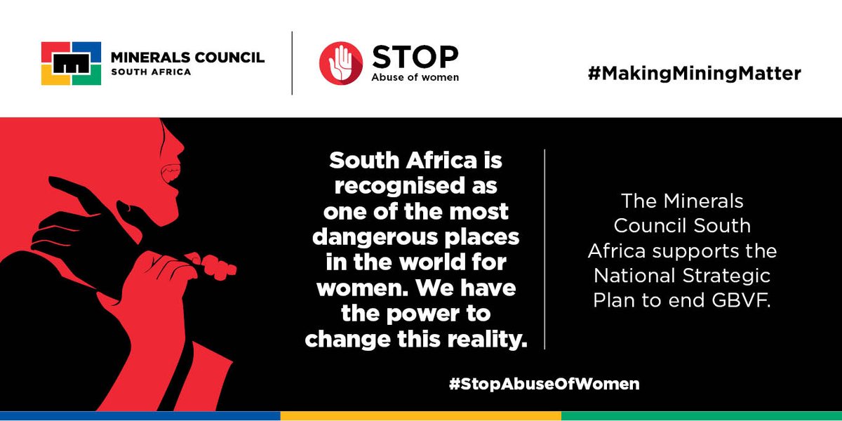 Mine_RSA's tweet photo. South Africa is recognised as one of the most dangerous places in the world for women. We have the power to change this reality. 

The Minerals Council South Africa supports the National Strategic Plan to end GBVF.

#stopabuseofwomen 
#MakingMiningMatter https://t.co/978ewF0yLn