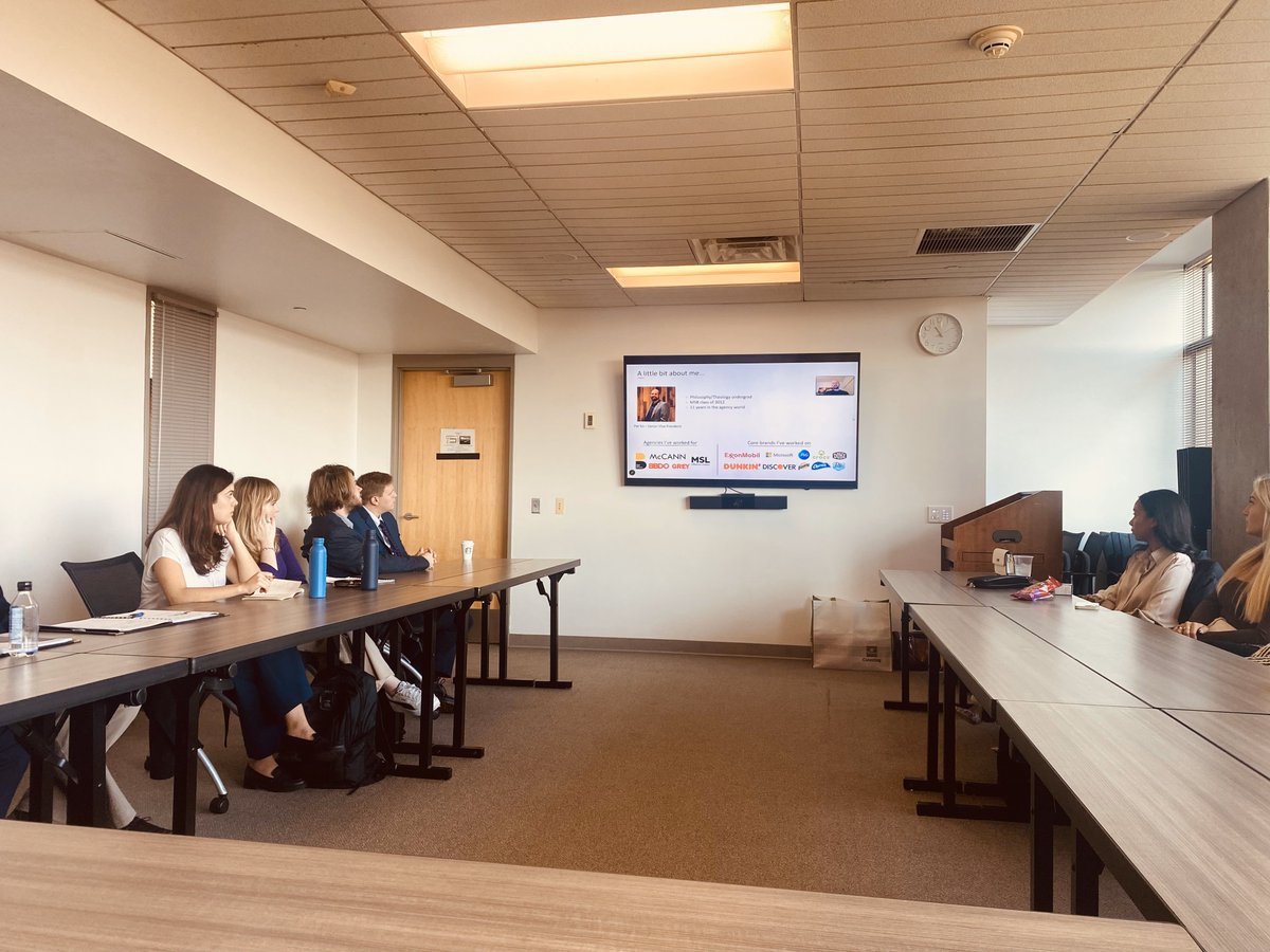 CUAMSB's tweet photo. On Wednesday of Career Week, M.S.B. students met virtually with Pat Six at MSL Global. From the first Microsoft Surface Laptop commercial to his recent work with Charmin products, Pat Six introduced the class to creative imagination, and owned, paid, and earned media. https://t.co/6g6xb7reZM
