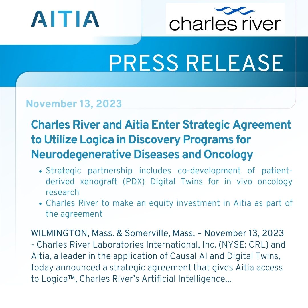 We are delighted to announce the strategic partnership between @CRiverLabs and Aitia, which marks a significant leap forward in our mission to leverage our #DigitalTwins  to discover and develop breakthrough #drugcandidates for #neurodegenerativediseases and #oncology
