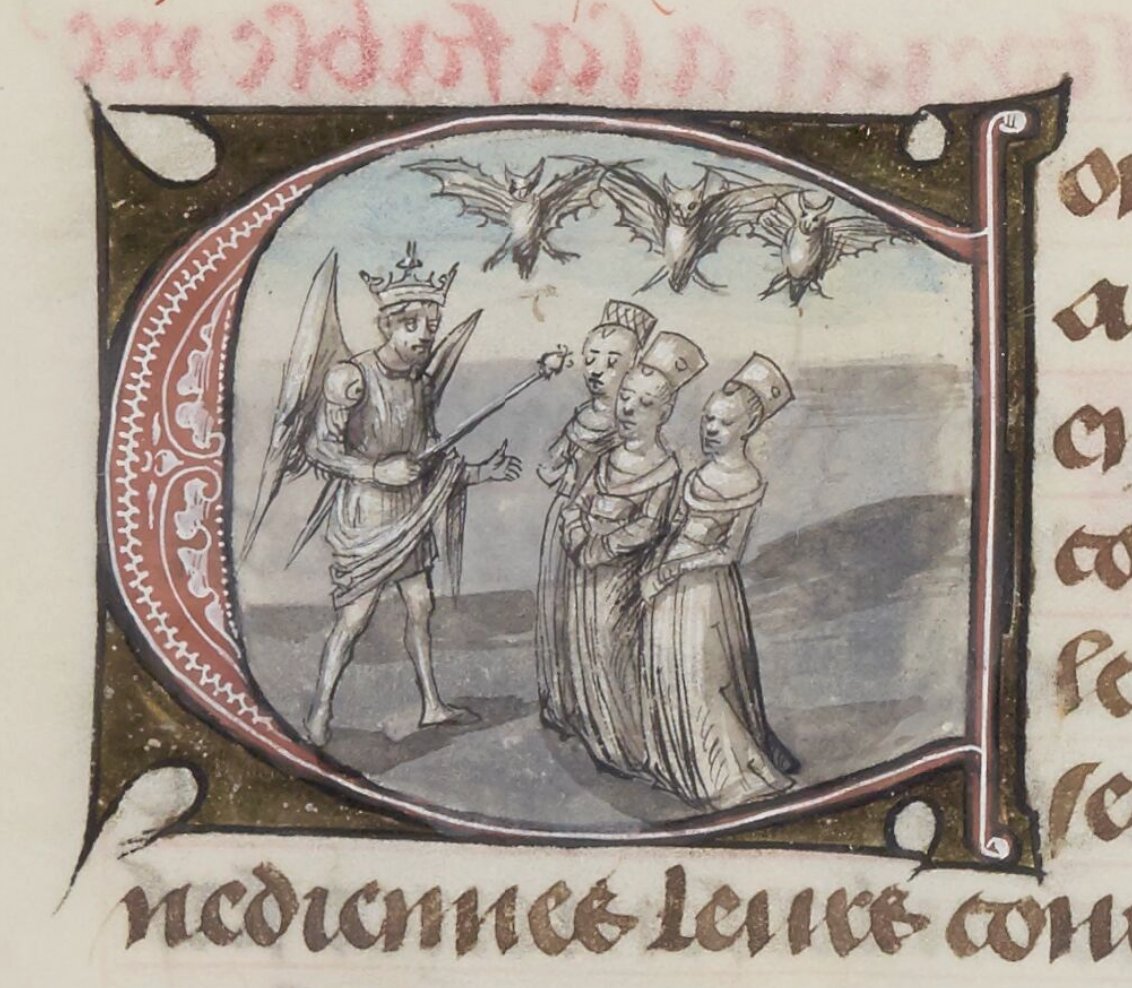 Medieval_Badger's tweet image. Hermes transforms the Minyades into bats in a prose translation of Ovid's Metamorphoses (Paris, Bnf fr. 137 f. 50v; late 15th c.) #BatsofTwitter #Medievalanimals