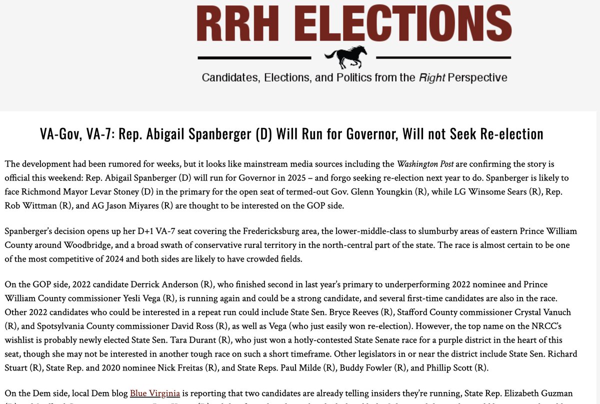 With former CIA agent Rep. Abigail Spanberger (D) vacating #VA07 to run for #VAGov we've got a Great Mentioner on what this means for 2025 race for Virginia Governor & her now open D+1 House seat here👇
rrhelections.com/index.php/2023…