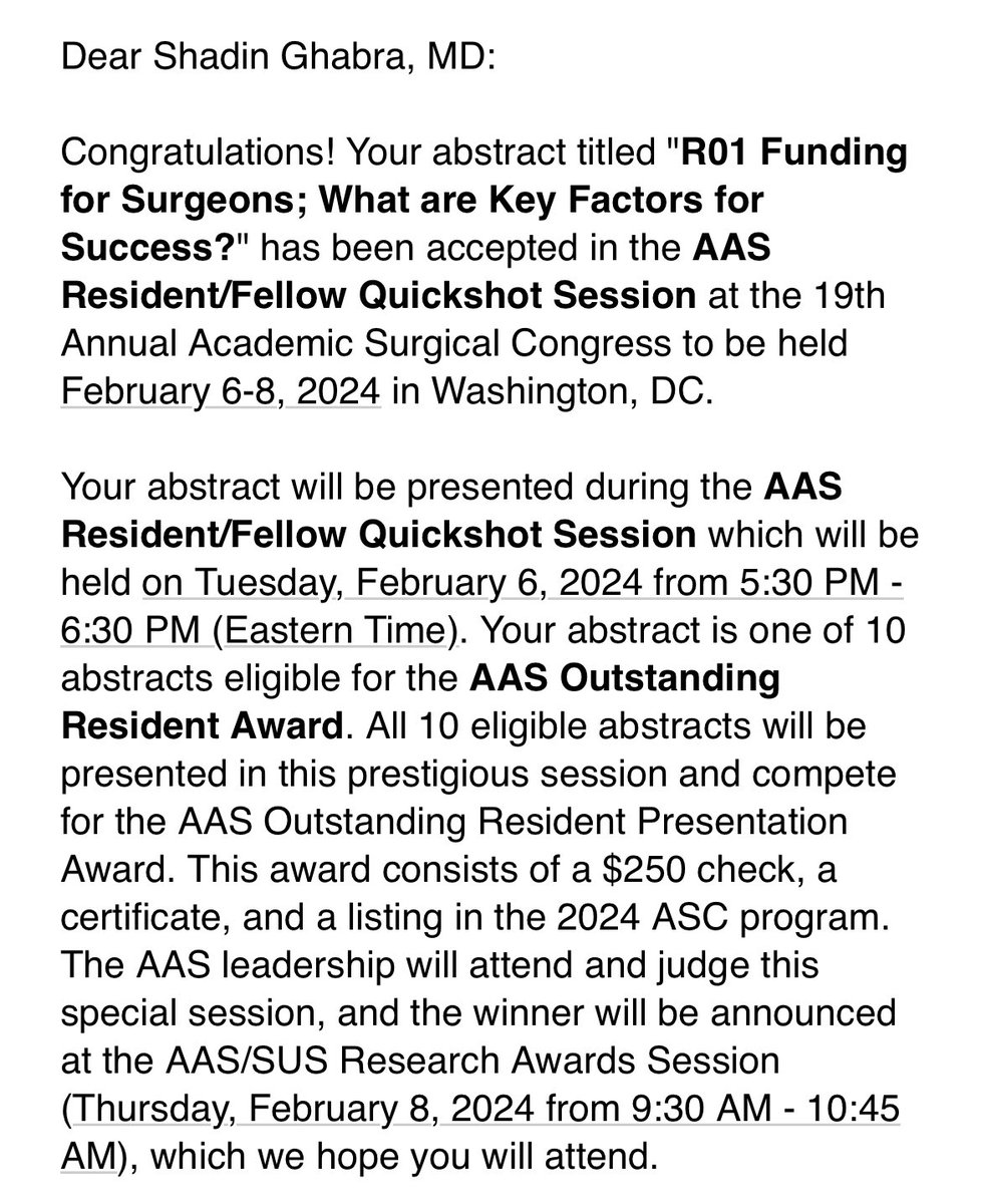 Shadin Ghabra (@shadinghabra_md) on Twitter photo Thrilled our abstract on #R01 Funding for Surgeons was accepted for an oral presentation at the 19th Annual Academic Surgical Congress and eligible as 1 of the 10 abstracts for the AAS Outstanding Resident Award! #ASC2024 <a href="/AcademicSurgery/">Assoc4AcademicSurgery</a> <a href="/mzeigermd/">Martha Zeiger MD</a> <a href="/LDemblowski/">Lindsay Demblowski</a> Thrilled our abstract on #R01 Funding for Surgeons was accepted for an oral presentation at the 19th Annual Academic Surgical Congress and eligible as 1 of the 10 abstracts for the AAS Outstanding Resident Award! #ASC2024 <a href="/AcademicSurgery/">Assoc4AcademicSurgery</a> <a href="/mzeigermd/">Martha Zeiger MD</a> <a href="/LDemblowski/">Lindsay Demblowski</a>