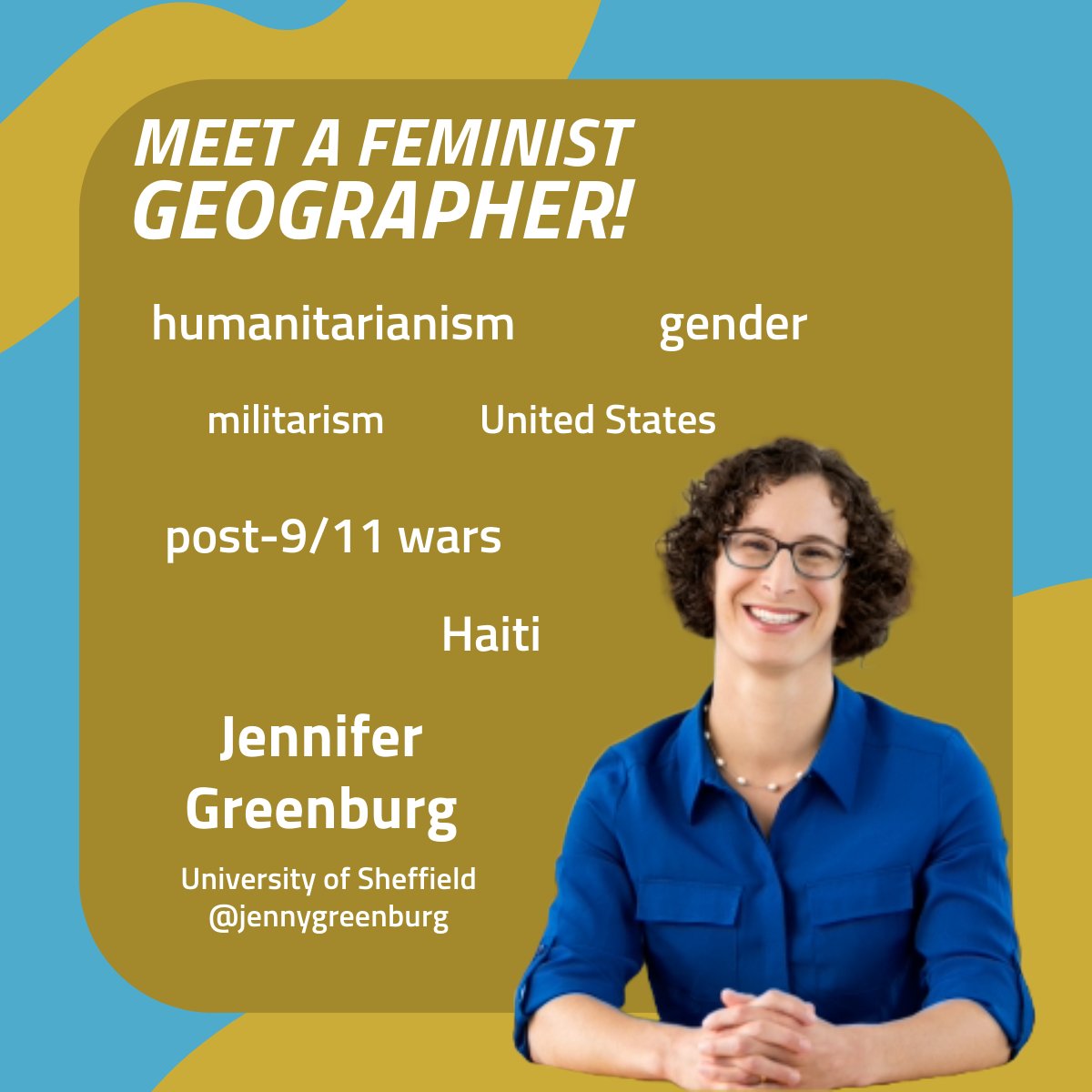 #MeetAFeministGeographer! Meet @jennygreenburg ! I am a feminist political geographer teaching & writing about the spatial politics of war, gender & humanitarianism. I am an asst. professor of International Relations at the U. of Sheffield...1/4