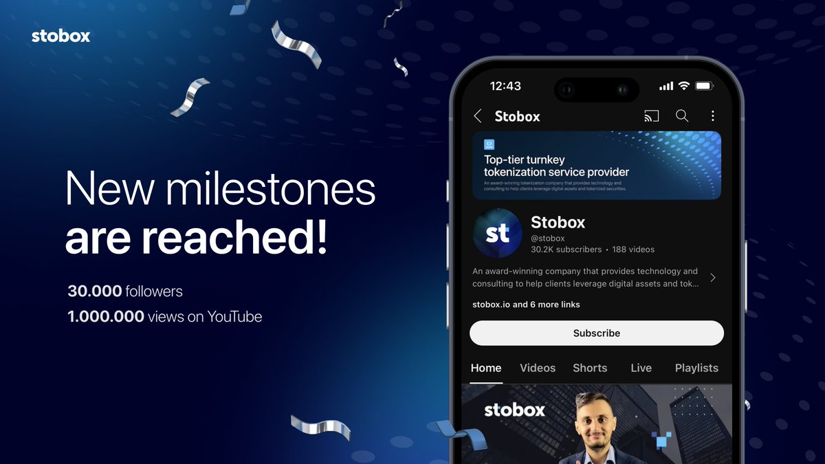 StoboxCompany's tweet photo. 🏆 New milestones are reached!

We are thrilled to announce that #Stobox reached 30.000 followers & 1.000.000 views on #YouTube and solidified itself as the world's biggest #YouTube channel on #tokenization!

Stobox is a pioneer and leading company that continues developing and contributing to the #RWA industry.

✅ Subscribe - https://t.co/EsroFpCc99 

🧘 We appreciate your support. Participate in the Stobox Ecosystem!