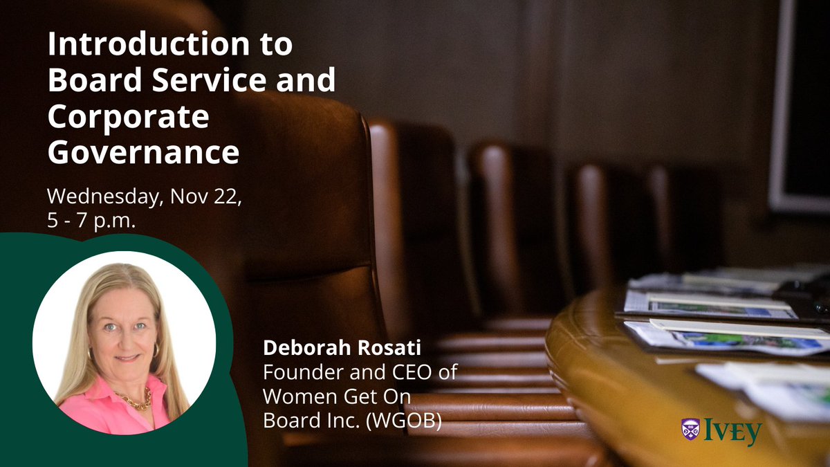iveytoronto's tweet photo. Join IANT on Nov 22, for an event featuring Prof. Nadine de Gannes, Dr. Deborah Rosati, and Chris Lynch. Explore Board Service and Corporate Governance with moderator Sharon Castelino.

Register now: https://t.co/8u6Xa0uYsP #IANT #CorporateGovernance https://t.co/Kw6vv5LBYF