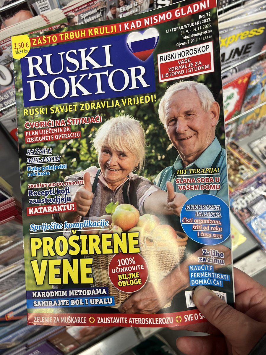 Ovaj časopis se prodaje u Šparu u Opatiji. Sad mislim ja kupuju tu stanove i kuće k’o ludi pa ajde… Onda skužim da je na hrvatskom, wtf, da citiram onog: Udri Putine, ne štedi nas! 😂 A “Nemačka medicina je najbolja! Die Beste!”