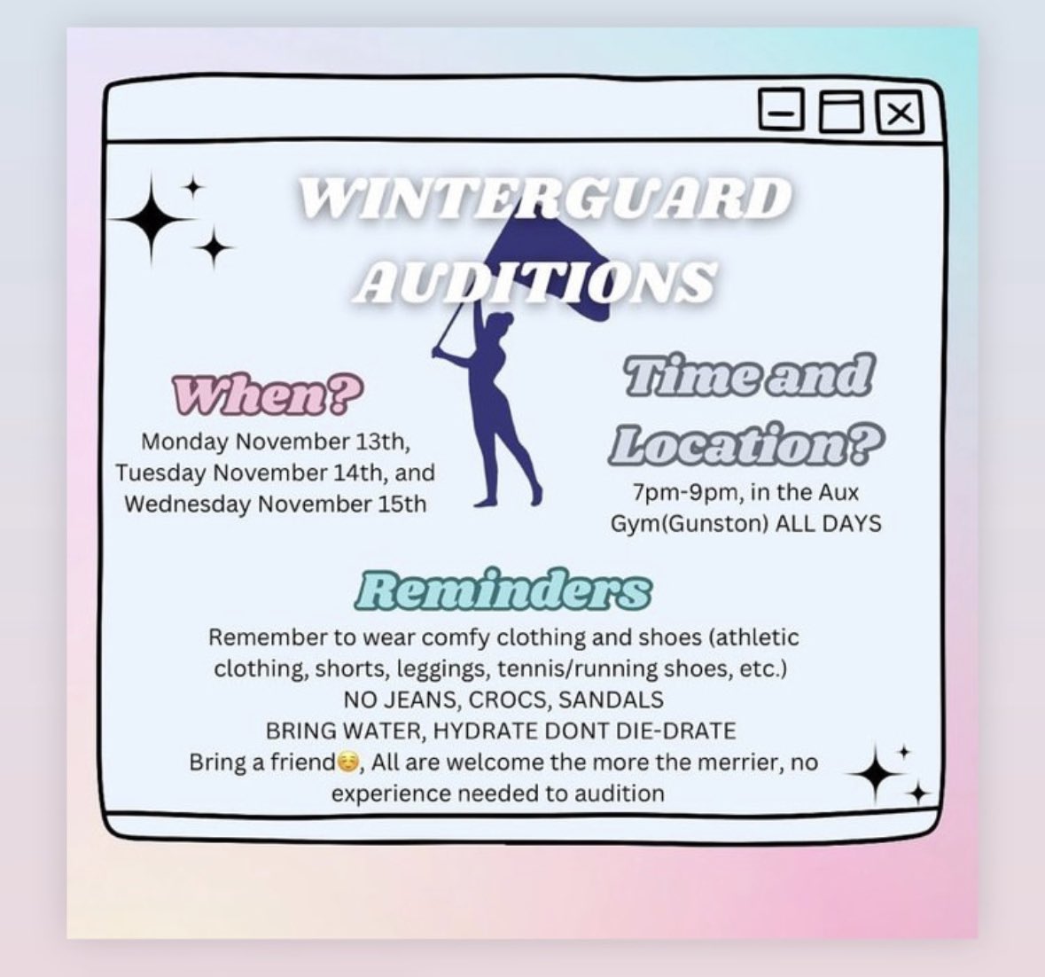 No marching band in winter? We’ve got an option to keep you busy: Winterguard! Auditions today, tomorrow, &amp; Wed. 7-9pm. Bring a friend! 
#winterguard #colorguard