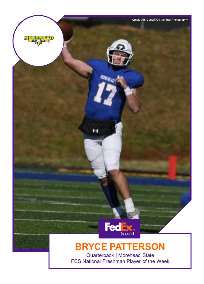 FedEx Ground FCS National Freshman Player of the Week

Congratulations to Morehead State QB Bryce Patterson.

Story: tinyurl.com/ejf685ht

#TeamFedEx #FedEx