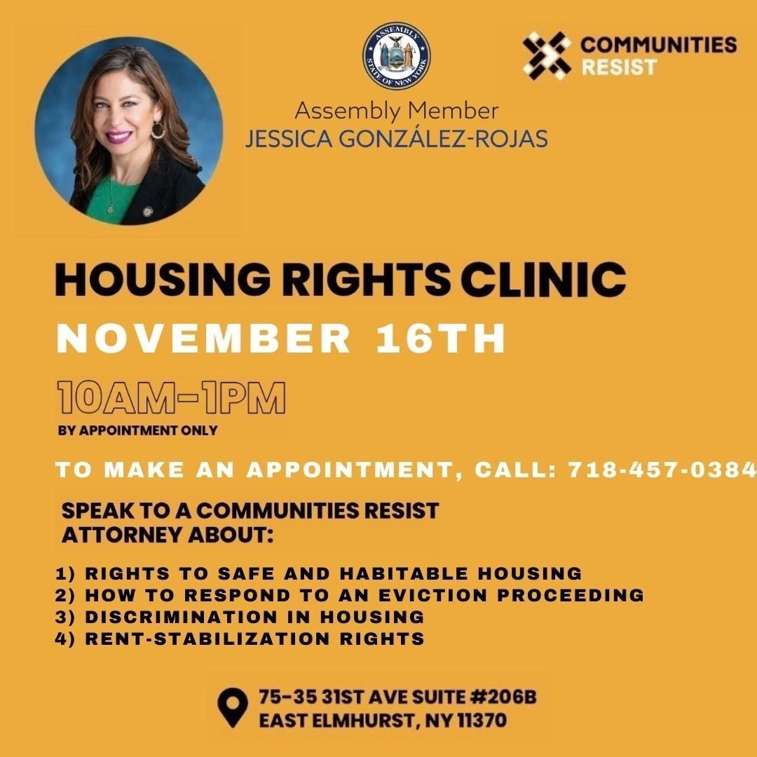 Communities Resist is teaming up w/ @VoteJGR to host a FREE Housing Rights Clinic on 11/16 in East Elmhurst #Queens. Our team will be on hand to answer questions provide information about all things tenants' rights.