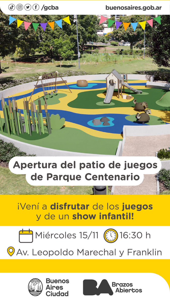 APERTURA DEL PATIO DE JUEGOS DE PARQUE CENTENARIO 🏞

Te esperamos este miércoles desde las 16:30 h. para compartir la presentación de este espacio 🎉

¡Sumate en familia! 🥰

📍 Av. Leopoldo Marechal y Franklin, <a href="/baComuna_6/">BA Comuna 6</a>.