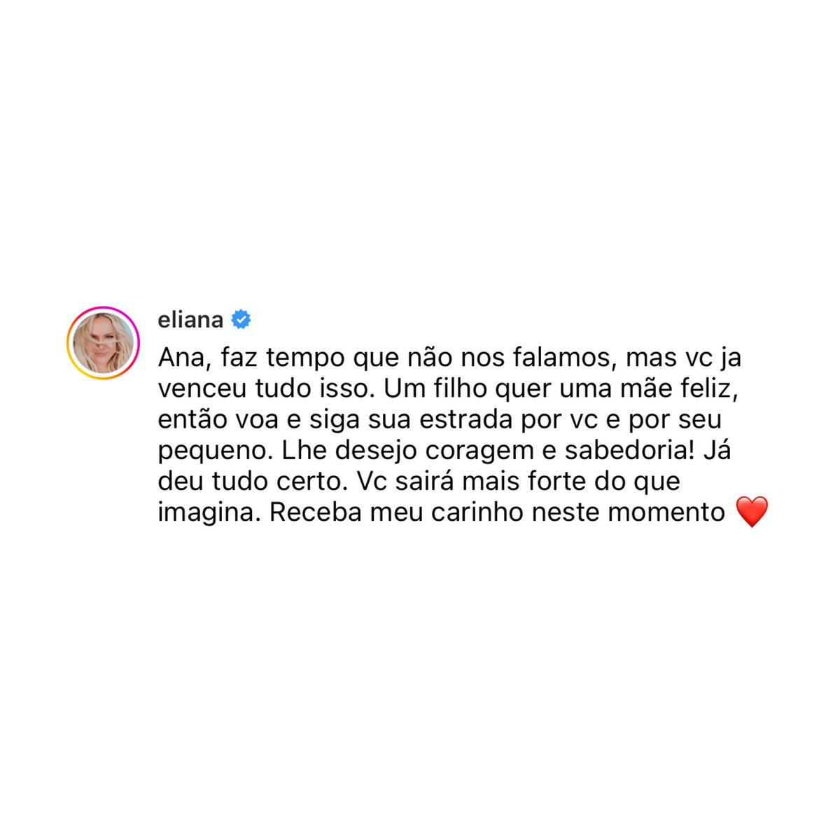 🚨VEJA: Eliana comenta post de Ana Hickmann, elogia a apresentadora e deseja ‘força e coragem’ para ela neste momento difícil.