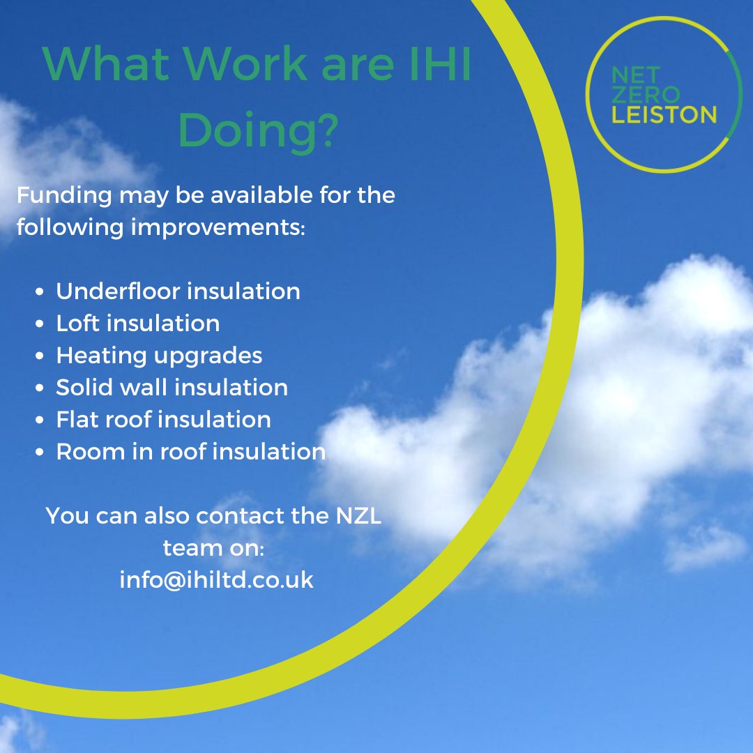 IHI are still engaging new properties who could benefit from our energy efficiency schemes. Get in touch with them to see if your home is eligible.

#NetZero #Leiston #Suffolk #ClimateChange #sustainability #community #GreenestCounty #NetZeroSuffolk