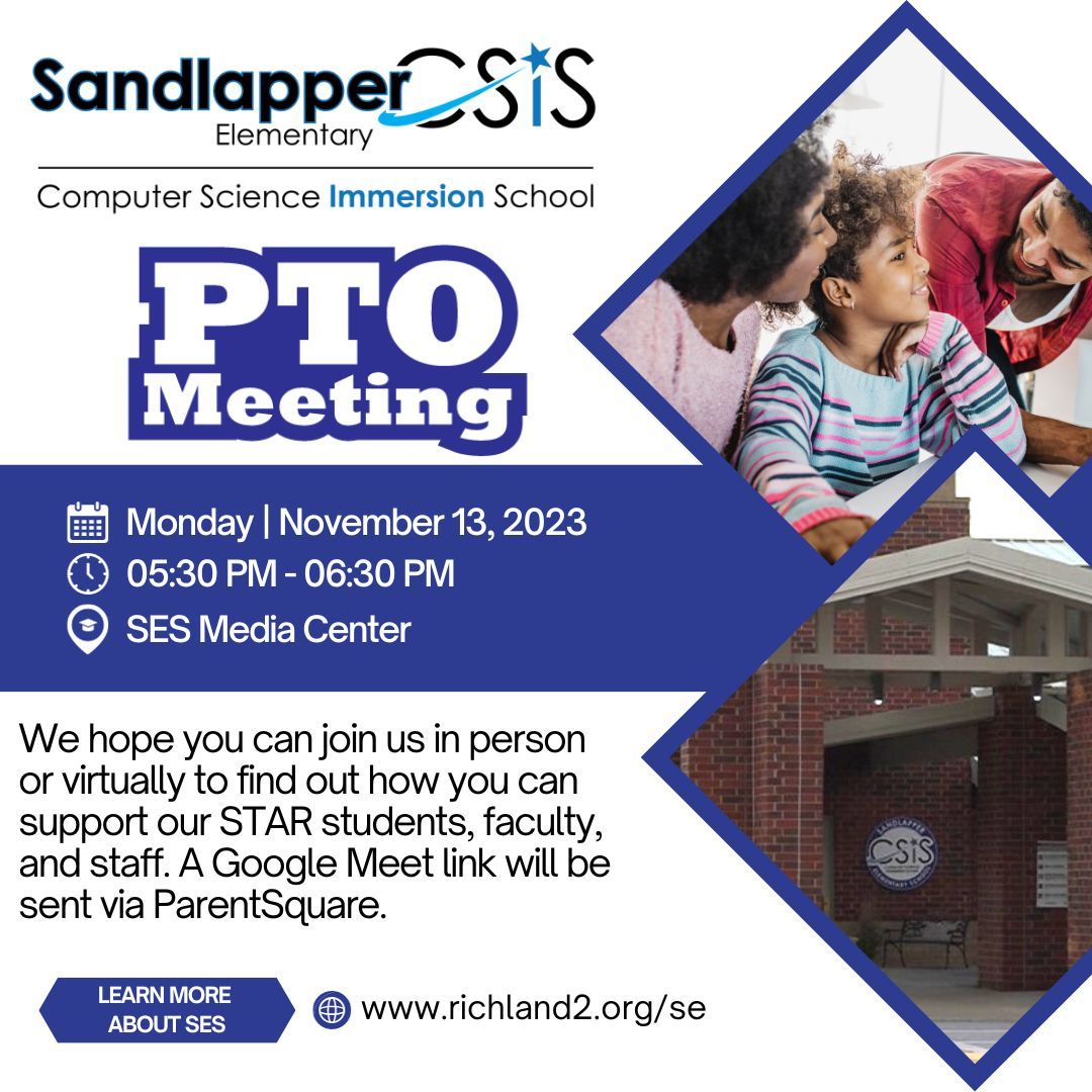 Our PTO Meeting is today at 5:30. Hope to see you later in person or virtually! Check ParentSquare for the Google Meet link.