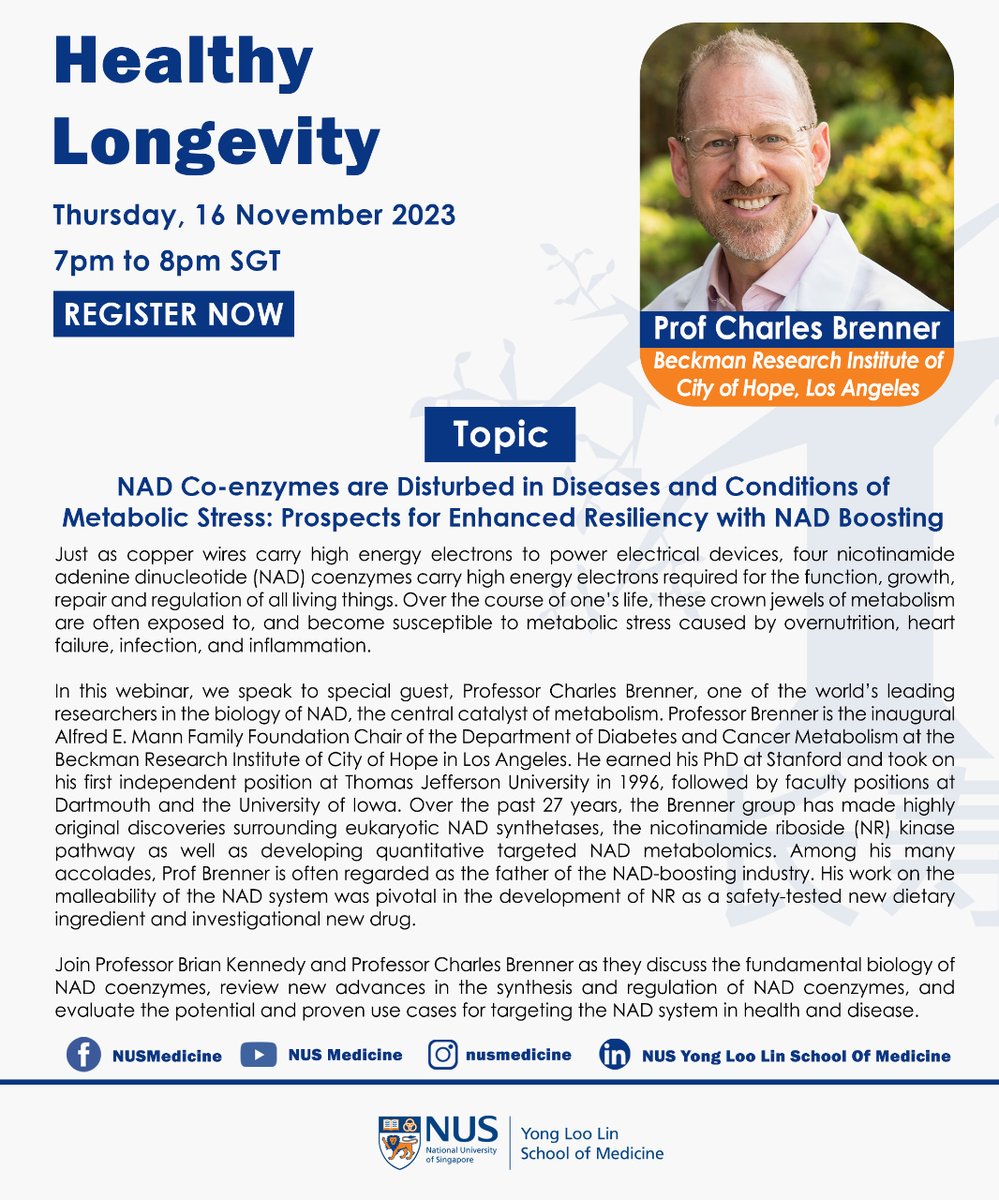 Join Prof Charles Brenner, from the Beckman Research Institute of City of Hope, Los Angeles with our host Prof Brian Kennedy at this Thursday's #HealthyLongevity webinar as they share their insights on the prospects for enhanced resiliency with NAD boosting.