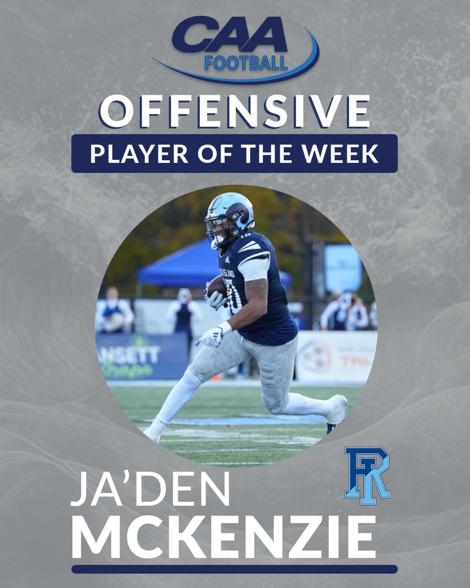 🏈 #CAAFB Offensive Player of the Week Ja'Den McKenzie rushed for a career-high 233 yards and three touchdowns, including the game-winning score with 2:55 to play, in @RhodyFootball's 31-24 victory over North Carolina A&T 📰 bit.ly/49ByCjK