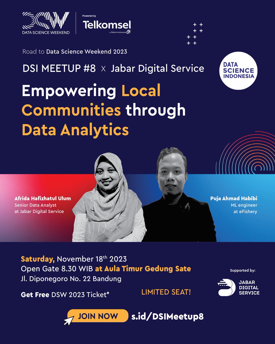 Data vibes and community thrive! 🚀 Thrilled to be part of this epic collaboration between the largest data science community and the coolest government startup in West Java?

This is Data Science Indonesia Meetup #8 x Jabar Digital Service

✨ Limited seats, snag your free