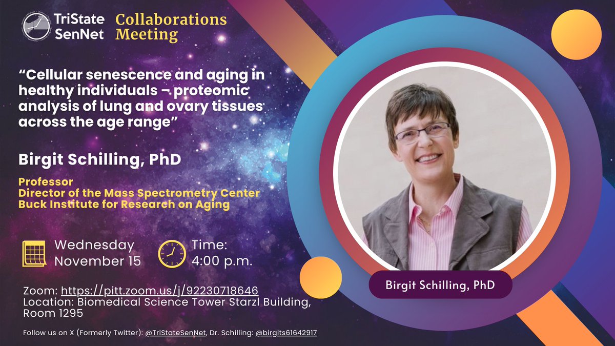 TriState SenNet TMC (@tristatesennet) on Twitter photo Dr. Birgit Schilling (<a href="/birgits61642917/">birgit schilling</a>) of the <a href="/BuckInstitute/">Buck Institute</a> will present at our TriState SenNet meeting on Wednesday, 11/15 at 4 p.m. She will talk about cellular #senescence and #aging & discuss our collaborative pilot project for <a href="/sennetresearch/">SenNet Consortium</a>.
Please join us! More below: Dr. Birgit Schilling (<a href="/birgits61642917/">birgit schilling</a>) of the <a href="/BuckInstitute/">Buck Institute</a> will present at our TriState SenNet meeting on Wednesday, 11/15 at 4 p.m. She will talk about cellular #senescence and #aging & discuss our collaborative pilot project for <a href="/sennetresearch/">SenNet Consortium</a>.
Please join us! More below: