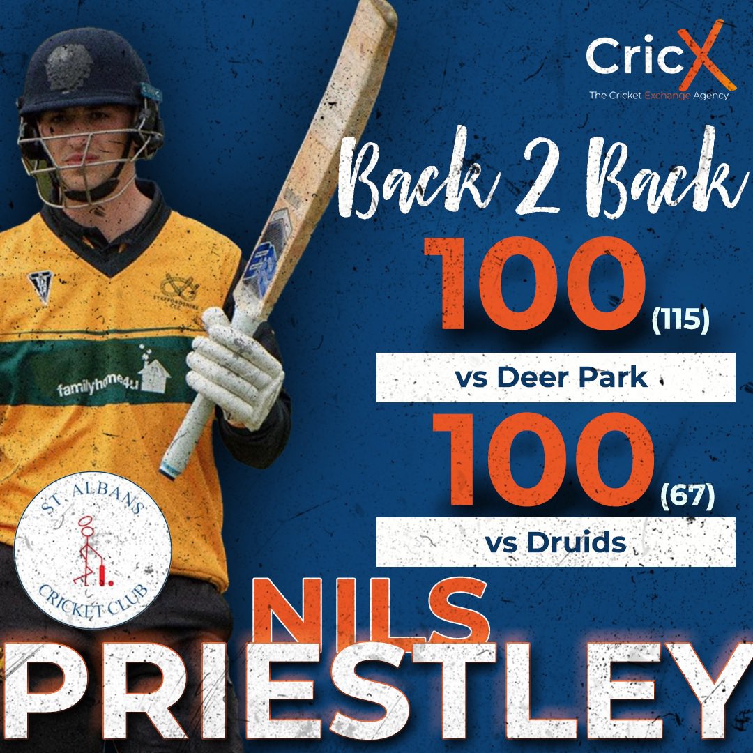 What a couple of weeks it’s been for Nils Priestley of St Albans Cricket Club.

Back 2 back 💯‘s! 

Well done Nils, keep hitting them well! 

#TopPerformer #Topperformance #Australia #CricketAustralia #Overseas #Cricket #CricketContent #CricketLovers #CricketFans #Cricket23…
