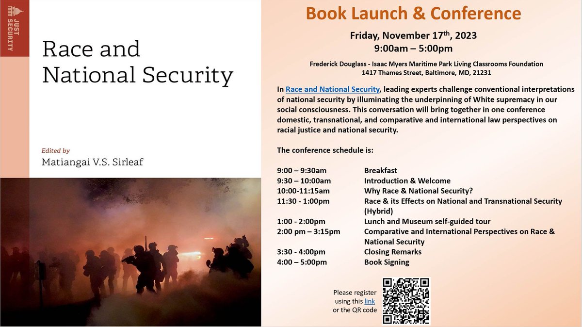 It's going down on 11.17.23! The official book launch with an all star lineup. Join us in person in Baltimore or online.  I cannont wait to be in community and to amplify crucial voices on the role of race and racism in national security. Register here: eventbrite.com/e/race-nationa…