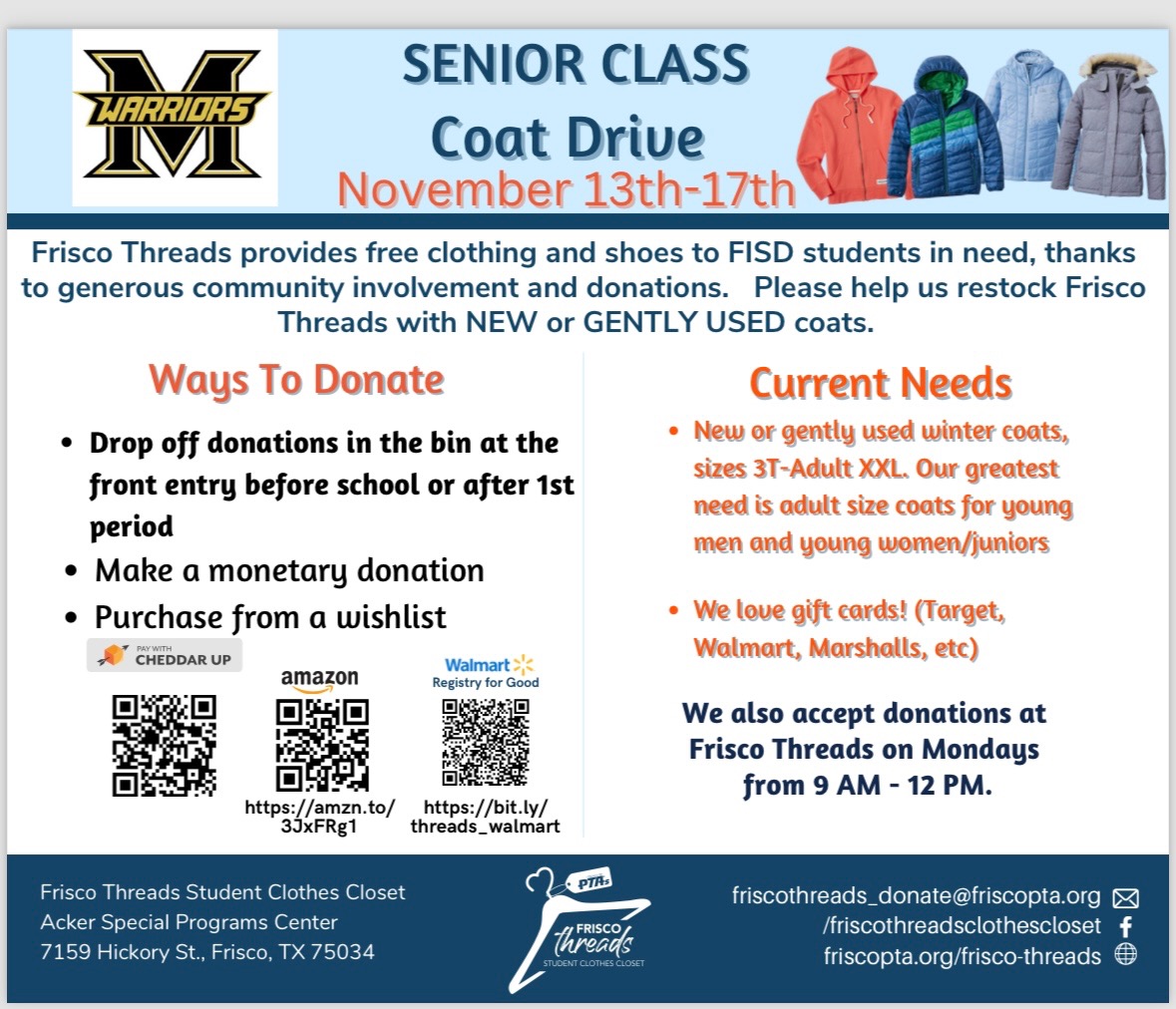 Join our seniors in donating coats this week to support Frisco Threads!