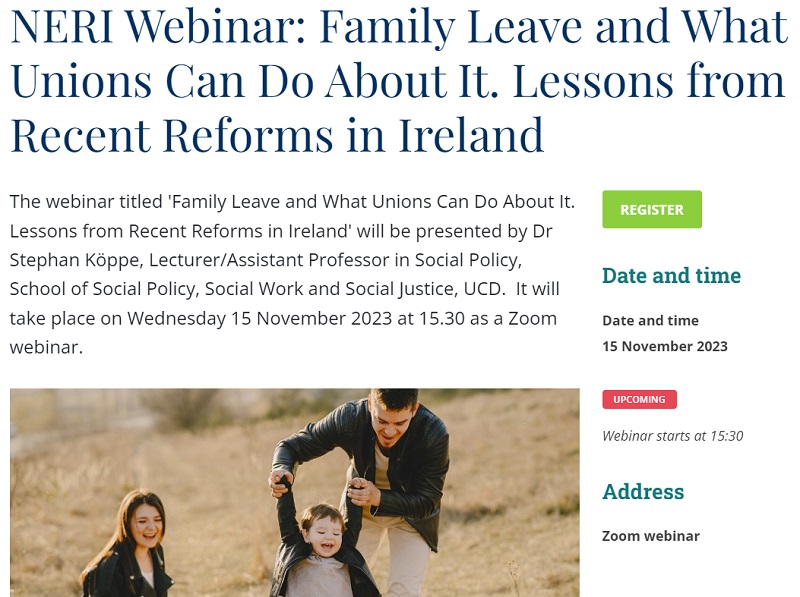The NERI seminar will take place this Wednesday at 15:30 remotely only, as a Zoom webinar. Dr Stephan Köppe, <a href="/ucddublin/">University College Dublin</a> will present on 'Family Leave &amp; What Unions Can Do About It.' Register - nerinstitute.net/events/2023/ne… <a href="/TomAMcDonnell1/">Tom A McDonnell</a>