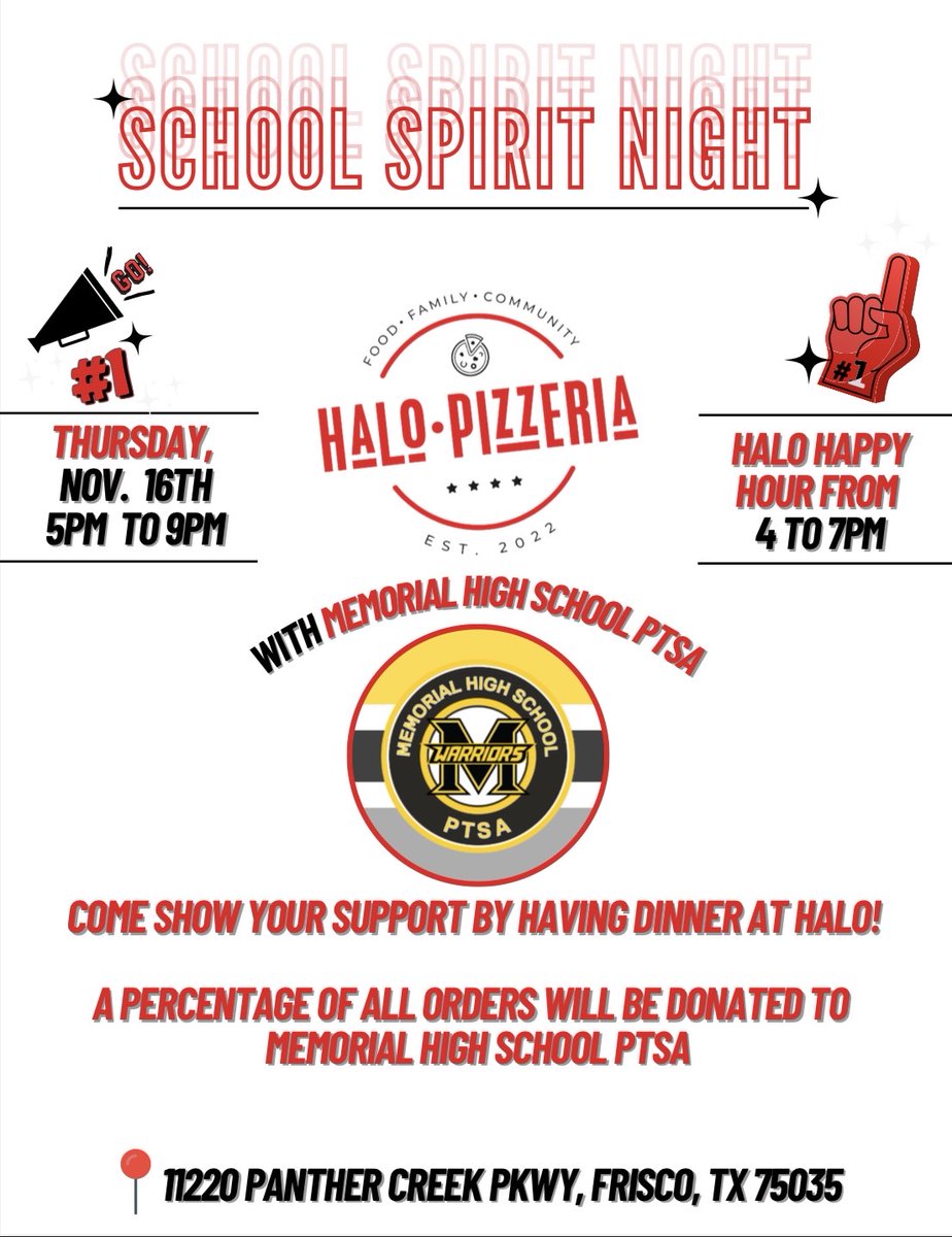 Join us this Thursday night at Halo Pizzeria to help Memorial PTSA!!!